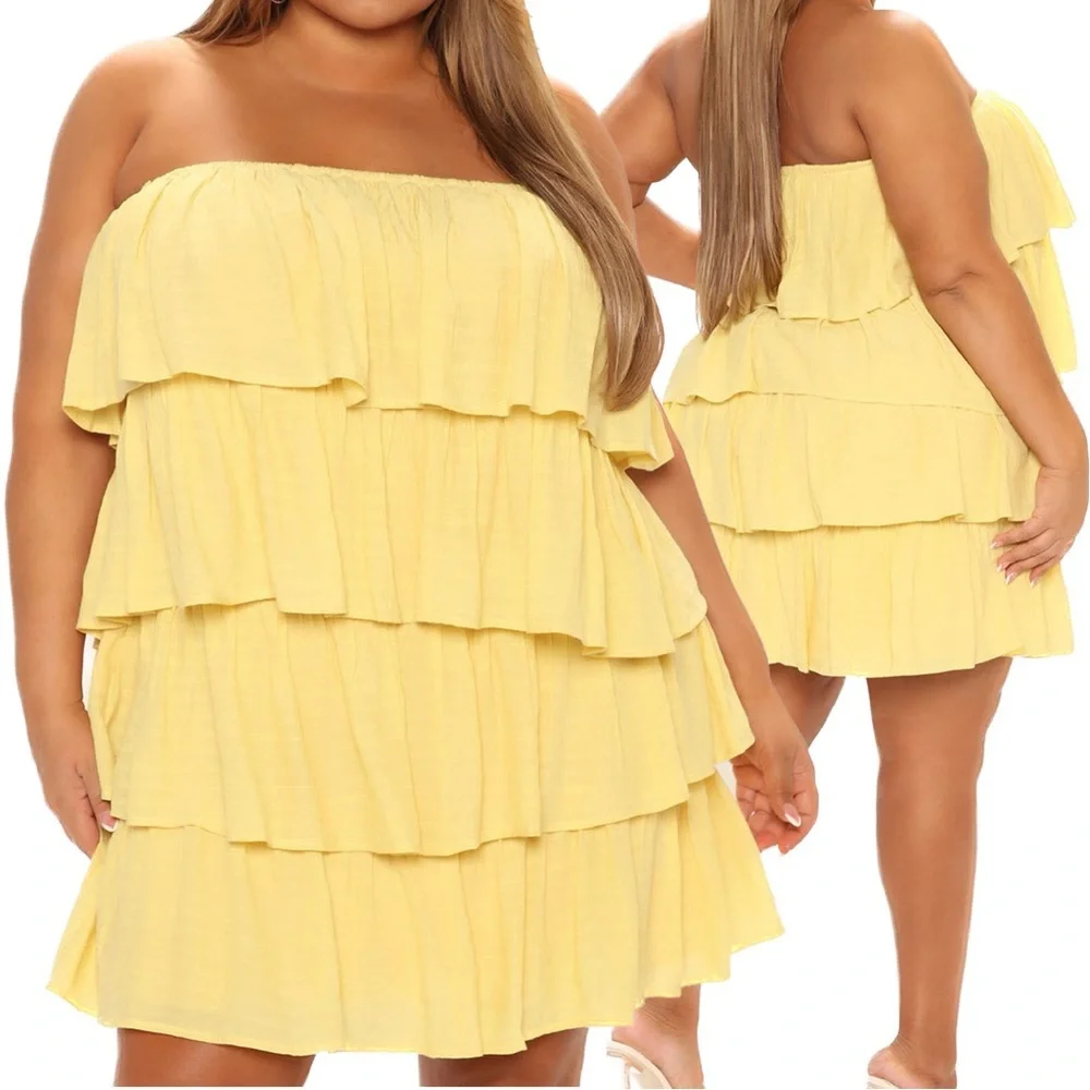 FASHIONNOVA NWT 1X 2X Yellow Ruffle It Up Strapless Mini Dress (T01.7) - Picture 2 of 5